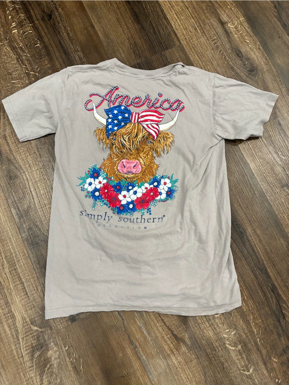 Simply Southern Light Gray Tee with Patriotic Cow and Floral Graphic